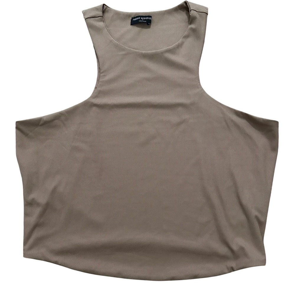 Naked Wardrobe Womens 1X Cocoa Brown Ribbed Sleeveless Crew Neck Crop Tank Top